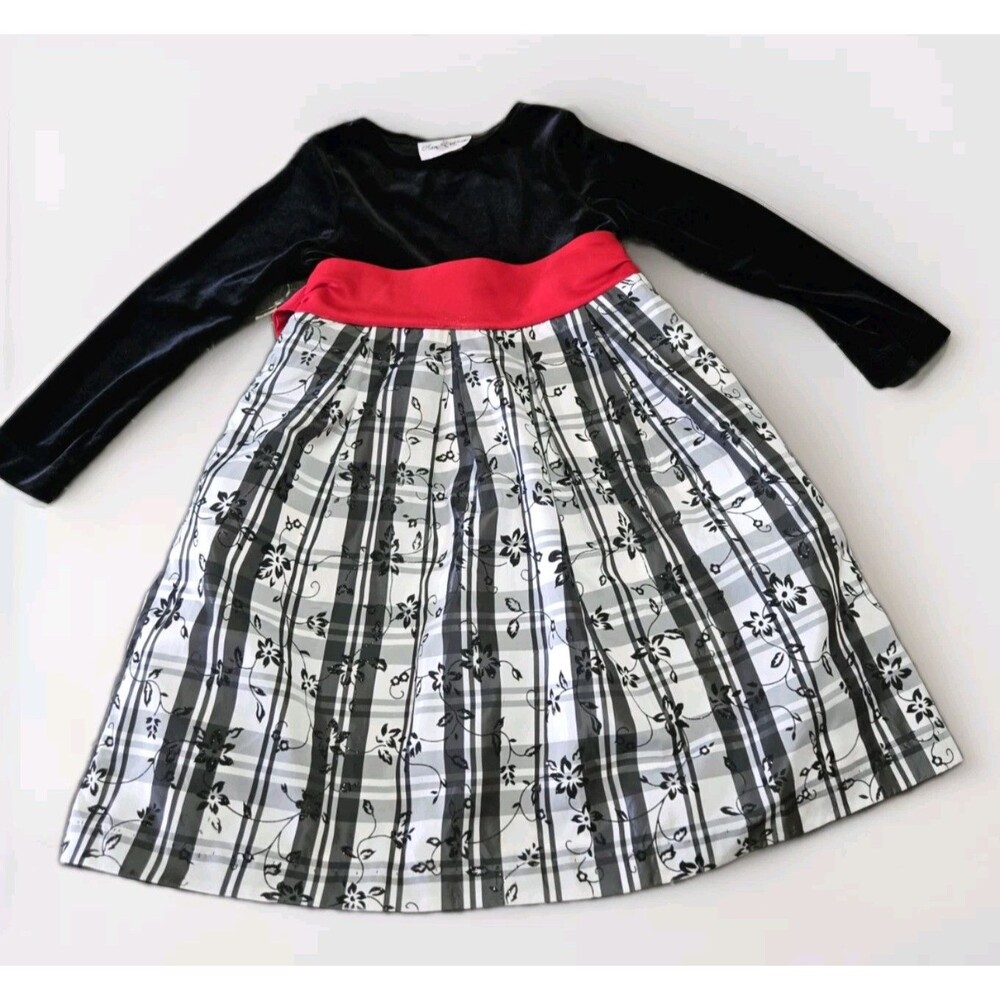 Rare Editions Dress Girls Size 6 Plaid With Black Velvet & Red Silk Bow Holiday